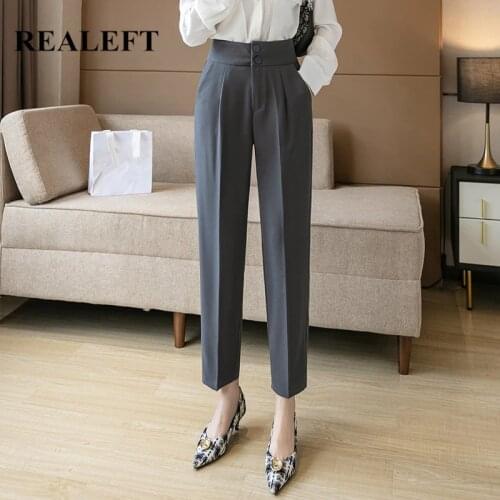 REALEFT 2021 New Spring Autumn OL Style Womens Formal Harem Pants Pockets High Waist Elegant Office Buttons Ankle-Length Pants