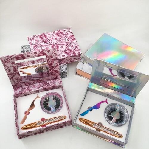 Wholesale Mirror Eyelashes Book Case with Black Eyeliner 25mm 3D Full Strip Mink Lashes Tweezers