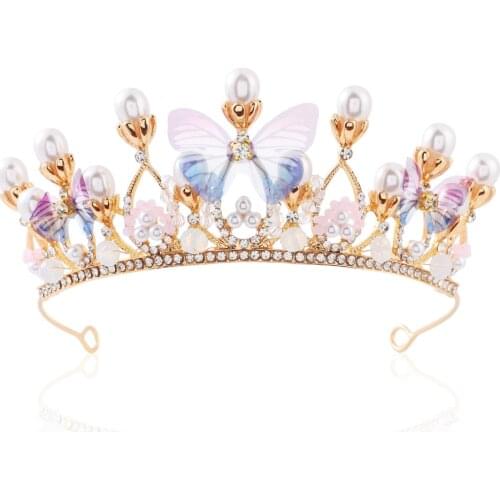 Girls Butterfly Princess Crown Handmade Birthday Rhinestone Pearl Crystal Tiara Performance Wedding Model Catwalk Headwear