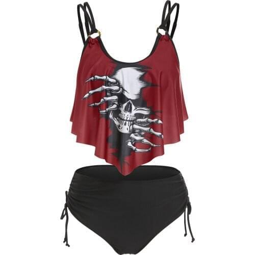 Wipalo Gothic Skull Print Cinched Strappy Women Tankini Set High Waist Padded Wire Free Swimsuit Casual Bathing Suits Beachwear