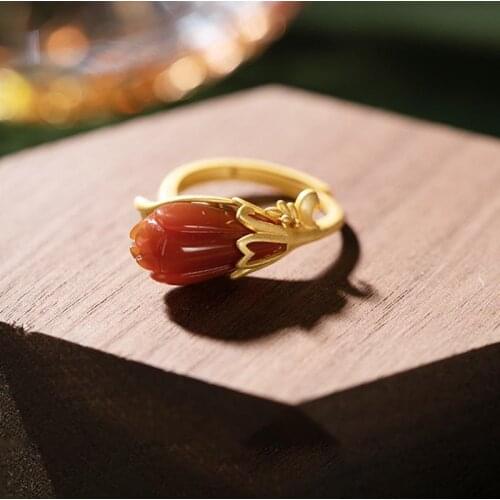 Original S925 Sterling Silver Southern Red Agate Magnolia High-End Elegant Womens Open Ring Gold Inlaid Ring