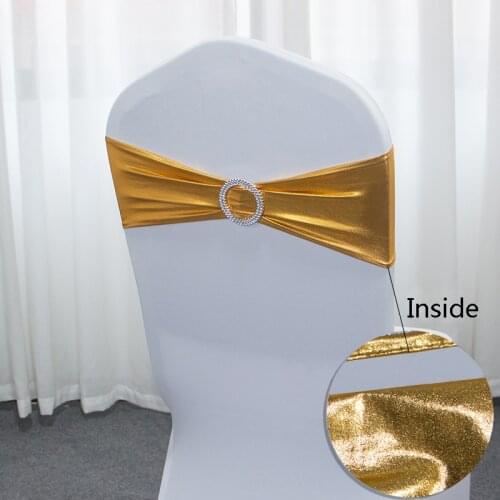 50pcs/Lot Metallic Gold Chair Sashes Wedding Chair Decoration Spandex Chair Cover Band With Round Buckle for Party Decor