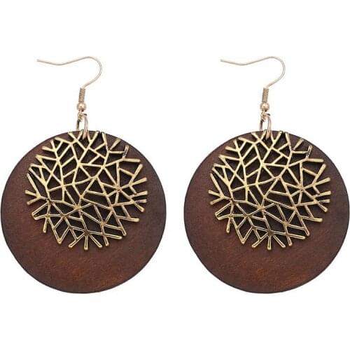 ZWPON Fashion Gold Filigree Art Deco Round Wooden Earrings Women Natural Wood Geometric Circle Statement Earrings Wholesale