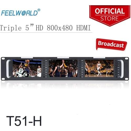 Feelworld T51-H Triple 5" 2RU 800x480 Broadcast Rack Mount Monitor HDMI AV Input Output Triple Screens LCD Monitor
