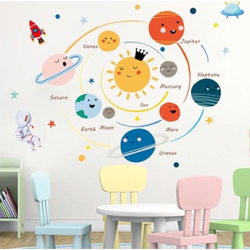 Solar System Wall Stickers Art Decals For Boy Kids Room Decor Stars Outer Space Planets Earth Sun Saturn Mars Wallstickers