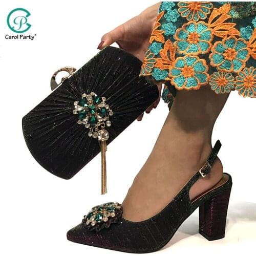 New Arrival Fashion Italian design Shoes with Matching Bags Set Decorated with Rhinestone Women Shoes and Bags in D.Green Color