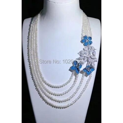 4rows freshwater pearl near round 5-6mm necklace 17-19inch nature blue zircon flower FPPJ wholesale