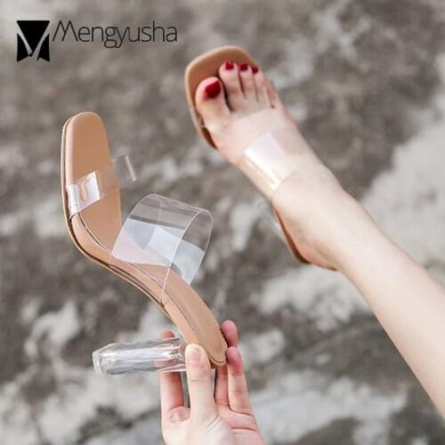 Clear Band open toe slingback women sandals thick transparent high heels shoes women slippers slip on gladiator sandalias 2020