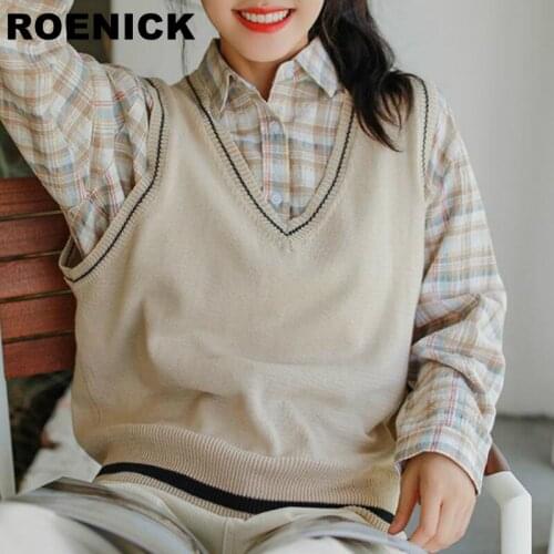 ROENICK Sweaters Vests Women Patchwork Knitted V-Neck Sweater Vest Womens Trendy Sweet Sleeveless Waistcoats Korean Style