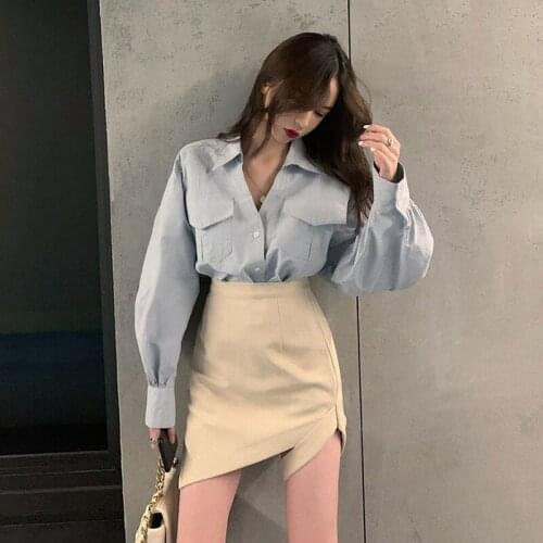 Blue Shirt Female Design Sense Outer Wear Autumn and Winter New All-match Retro Hong Kong Style V-neck Lantern Sleeve Top