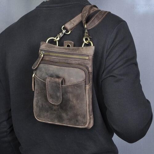 Crazy Horse Leather Male Casual Design One Shoulder Messenger bag Fashion Hook Belt Fanny Waist bag Pack Summer Small Phone 6549
