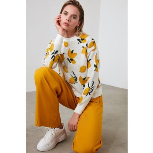 Multicolor Lemon Patterned Jacquard Knit Sweater New Fashion Fall and Winter Sexy Woman Vintage Modern Rustic