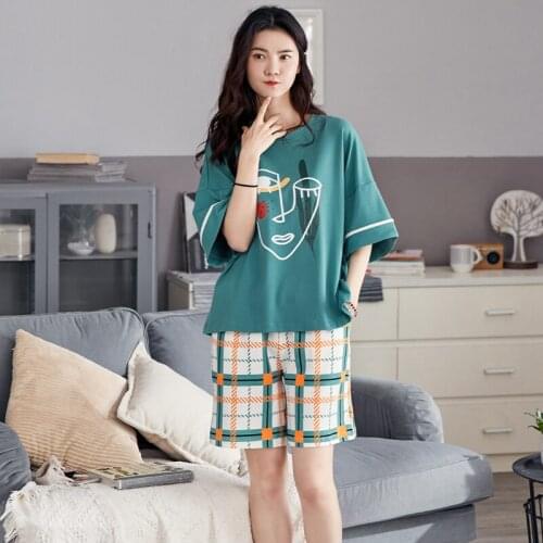 Spring Summer Thin Cool Cotton Women Pajamas Sets Cartoon Doodle Graphic Dark Green Casual Plaid Short Sleeve Sleepwear