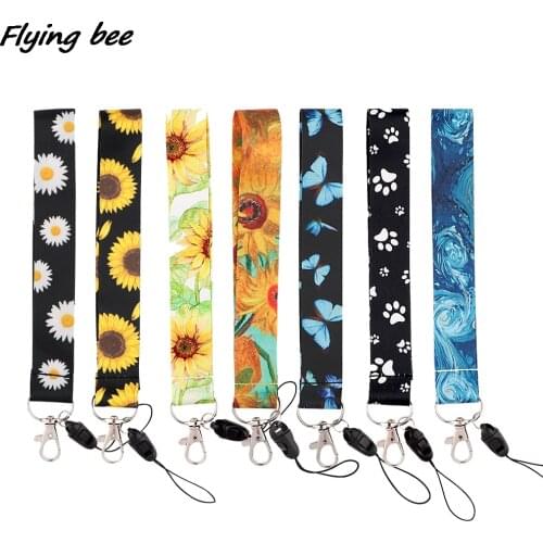 X1913 Sunflowers Dog Paw Print Monarch Butterfly Painting Art Key Chain Lanyard Neck Strap For Phone Keys ID Card Short Lanyards