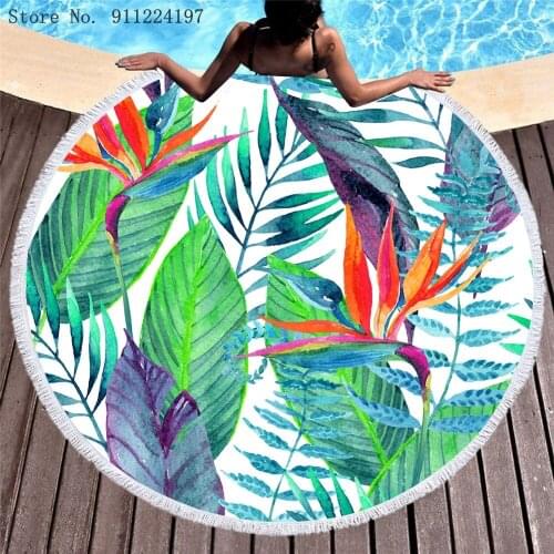 Green Plants Round Tapestry Wall Hanging Blue Leaves Printing Round Beach Towel Polyester Thin Blanket Yoga Shawl Mat Blanket