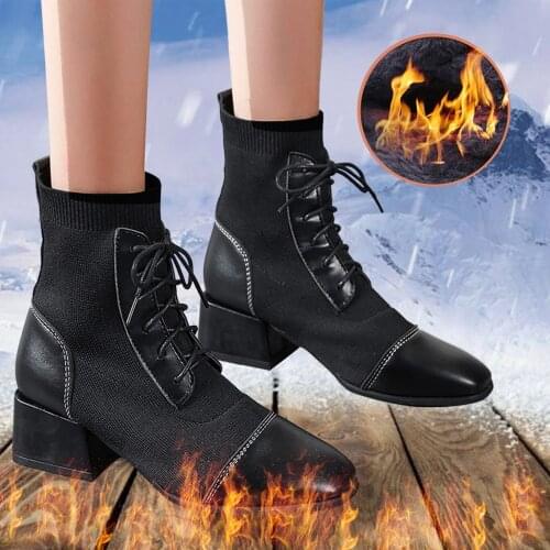 Womens Boots Shoes Pointed Toe Mid-heel Thick Heel Lace Up British Style Elastic Stocking Boots Winter Warm Short Tube Boots
