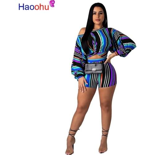 HAOOHU Striped Casual Two Piece Set Off Shoulder Long Puff Sleeve Twist Crop Top and Shorts Sexy Club Summer Outfits for Women