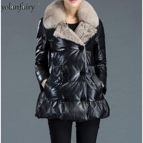 100% Real Sheepskin Leather Down Jacket Women Winter Big Fox Fur Collar Genuine Leather Jackets for Women Korean Fashion ZM088
