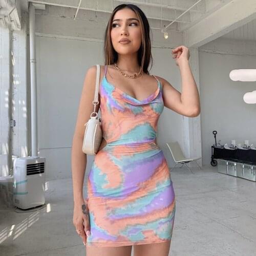 2021 Summer Women Tie-dye Dress Adults Tie Up Backless Low-cut Boat Neck Spaghetti Strap