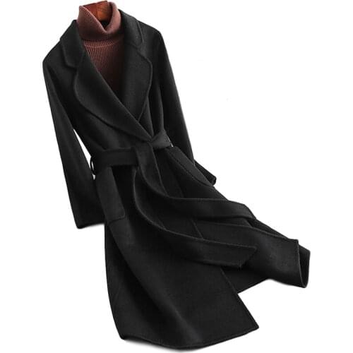 Women Wool Coat With Belt Overcoat Double cashmere 2020 New Autumn Winter Wool Jacket Pocket Outerwear Female Casaco Feminino