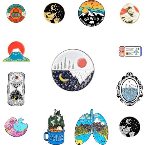 Outdoors Mountain Starry Night Enamel Pin Custom Wild Camping Hiking Brooches Bag Clothes Lapel Pin Adventure Badge Jewelry Gift