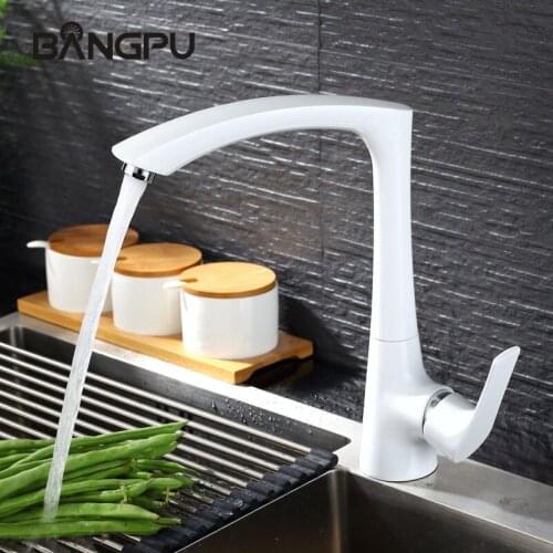 BANGPU White Kitchen Sink Faucet 1 Hole Kitchen Faucet Kitchen Tap Deck Mounted Rotary Kitchen Tap Single Handle Solid Brass