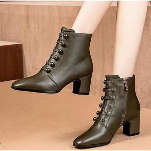 England Style Ankle Boots Women Leather Short Boot Button Spring Lady Elegant Evening Party High Heel Shoes Pointed Toe Boots