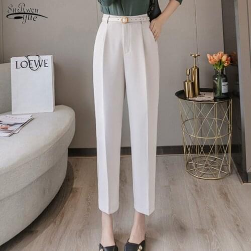Spring 2021 Autumn High Waist Women Pants Elegant Loose Fashion Women Pant New Solid Office Lady Ankle-Length Belt Wild Pants