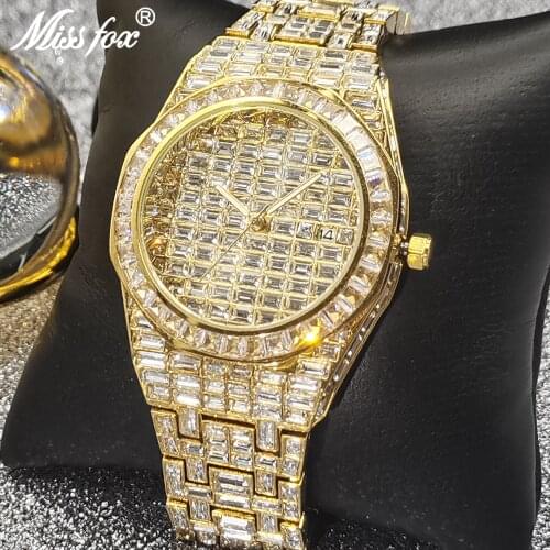 Mens Watches MISSFOX Top Luxury Hip Hop Full Baguette Diamond Watch Iced Out Gold Bling Waterproof AAA Clocks Relogio Masculino