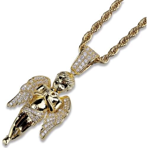 Hip Hop Micro Paved AAA+ Cubic Zirconia Iced Out Bling Gold Angel Pendants Necklace for Men Women Rapper Jewelry