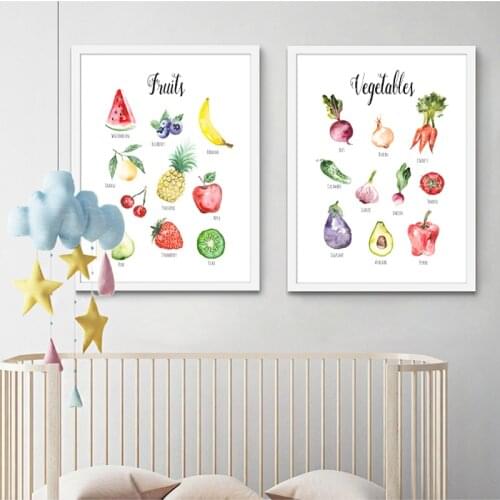 Vegetables Fruits Watercolour Painting Kids Nursery Learning Educational Wall Art Canvas Poster Plants Pictures Kitchen Decor