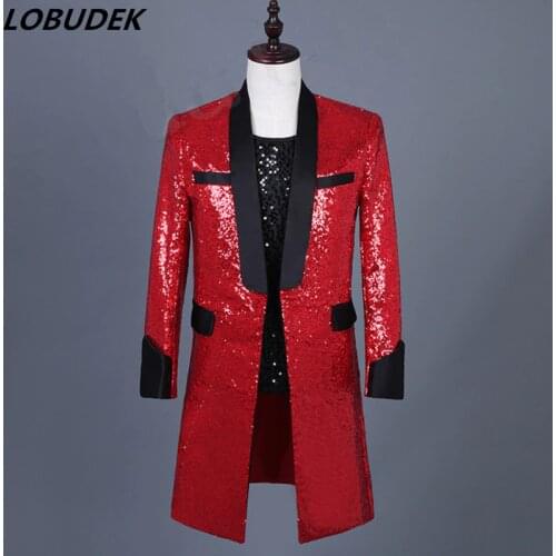 2019 Mens Red White Sequins Mid-length Coat Fashion Slim Blazers Bar Nightclub Singer Male Host Stage Costume Casual Coat S-3XL