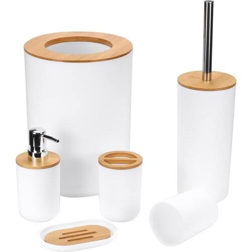 Bathroom Accessories Set 6 Pieces Bamboo Room Set Toothbrush Holder Soap Dispenser Toilet Brush Trash Can Bathroom Essential Set