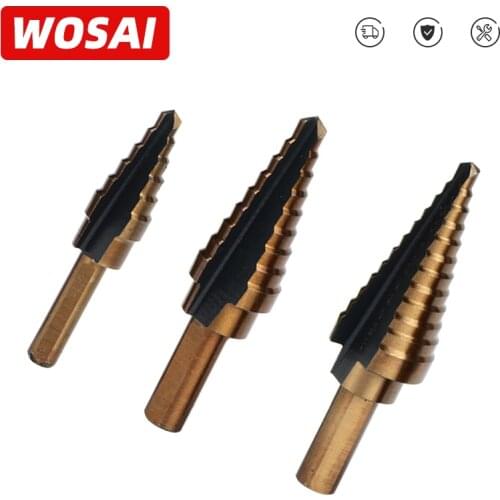 WOSAI 5pcs HSS Cobalt Step Drill Bit Set Titanium Cone Drill Hole Cutter Bit Multiple Hole 50 Sizes Step Drill Bit Power Tool