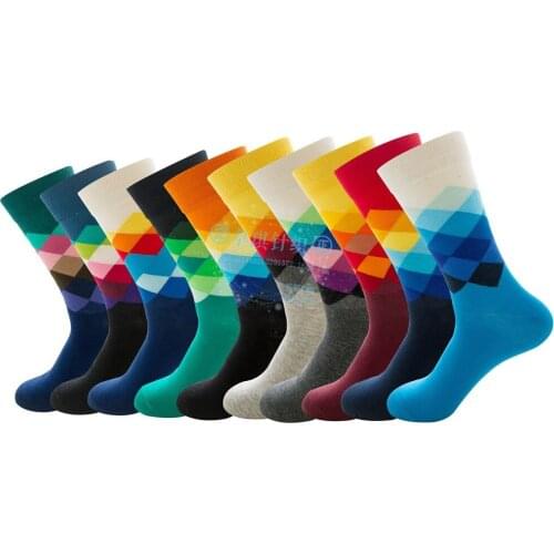Hot Sale Fashion Brand Quality Mens Happy Socks 10Colors Striped Plaid Socks Men Combed Cotton Calcetines Largos Hombre