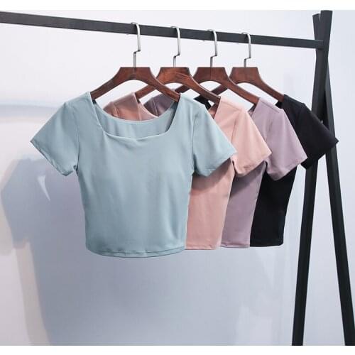 DEEP U-neck Slim Fit Padded Fitness Gym Yoga Crop T-shirt Women Buttery Soft Running Sport Workout Crop Top Plain Sportswear