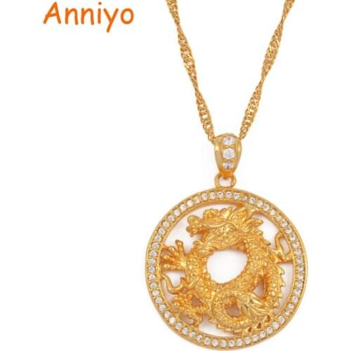 Anniyo Round Dragon Pendant Necklaces for Women Girls Gold Color Jewellery Cubic Zirconia Mascot Ornaments Lucky Symbol #064204