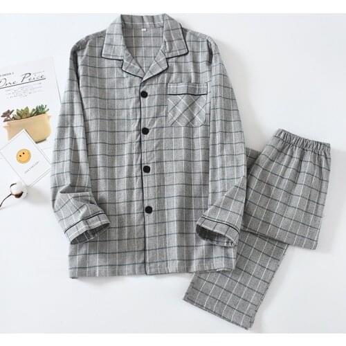 Spring and Autumn Mens Pajamas Cotton Plaid Lapel Cardigan Long-Sleeved Trousers Two-Piece Japanese Simple Casual Homewear