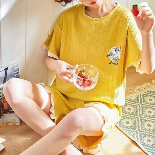 Cotton Sleepwear Orange PrintHome Suits Korean Pajamas for Women Girls Pijama Short and Long Sleeve Pjs Summer 2021 Pyjamas