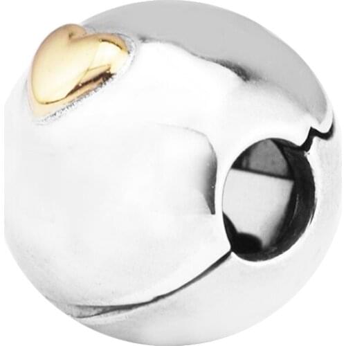 Fits For Pandora Bracelets Insignia Heart Clip Charms with 14K Real Gold 100% 925 Sterling-Silver-Jewelry Beads Free Shipping