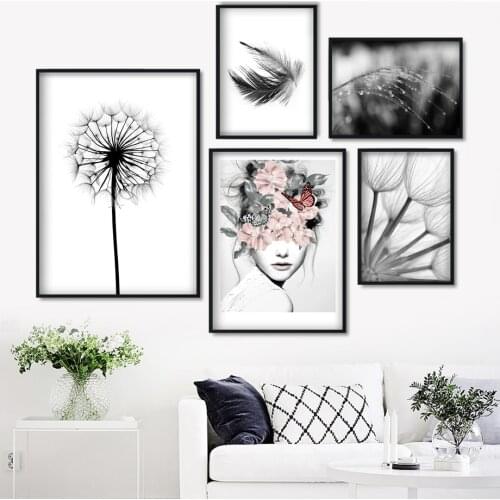 Self-adhesive Wall Stickers Reed Dandelion Feather Girl Wall Art Nordic Posters Black White Wall Pictures For Living Room Decor
