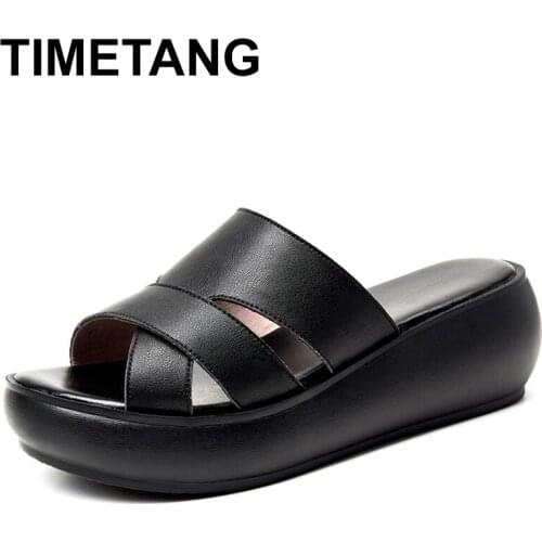 TIMETANG 2020 Women Slippers Summer Casual Shoes Genuine Leather Wedge Platform Slippers Women High Heel Sandals Slides