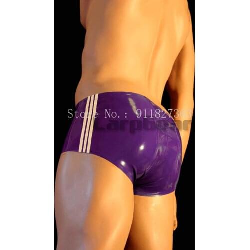 Handmade Purple Latex Rubber Fetish Shorts Underpants with 3 White Strips Hot Sale
