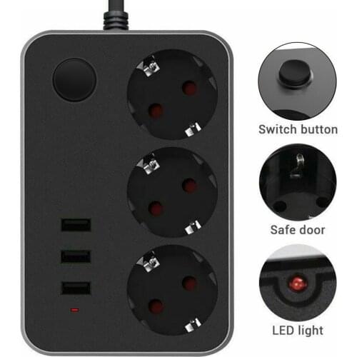 2500W 10A 250 V EU Plug Power Strip Universal 3 Socket 3 USB Port Extension Cord AC Power Adapter Household Charage