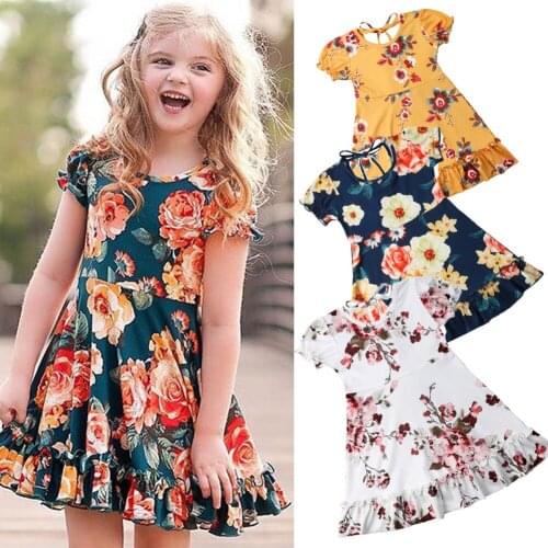 Spring Summer Toddler Kid Baby Girls Dress Cotton Floral Party Pageant Short Sleeve A-line Sweet Tutu Dress Sundress for 1-6Y
