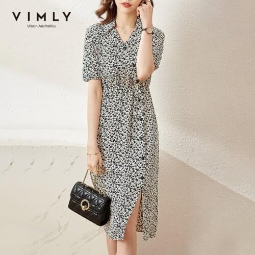 VIMLY Summer Floral Dresses For Women 2021 Fashion New Slim Split Shirt Dress Short Sleeve V-neck Female Office Lady Dress F7698