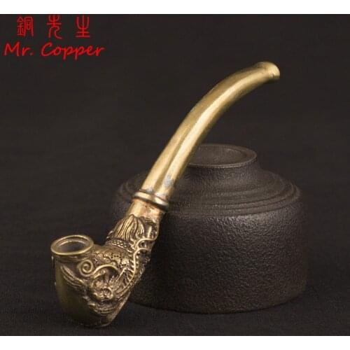 Vintage Brass Dragon Pattern Bent Smoking Tobacco Pipe Accessories Chinese Traditional Pure Copper Cigarette Holder Collections