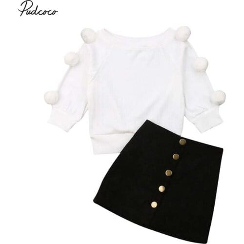 2019 Brand Toddler Baby Kid Girls Hairball Knit Tops White Solid Sweater+Button Mini Skirt Warm Outfits Sets Autumn Fashion 2Pcs