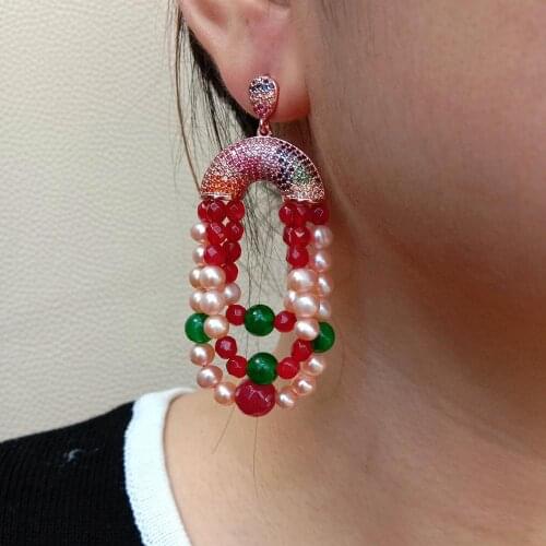 YYGEM Green Jade Cultured Pink Pearl Red Rose Gold Plated colorful Cz Pave Dangle Earrings