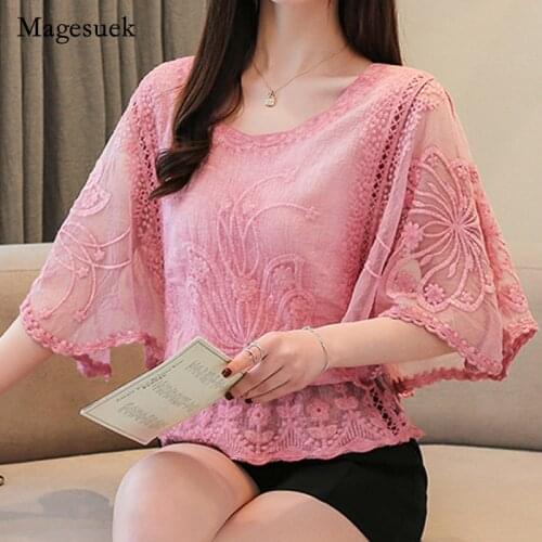 New Butterfly Flower Half Sleeve Shirt Women Plus Size Fashion Chiffon Blouse Summer Cotton Edge Lace O Neck Loose Shirt 4073 50